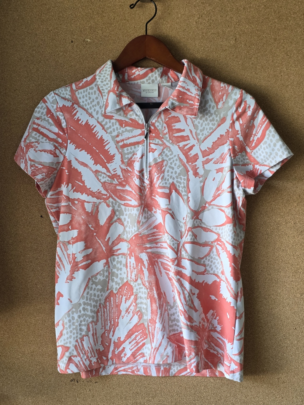 Chico’s Weekends Stretch Tropical Quarter Zip Top Size 1 = US M/L Coastal Casual